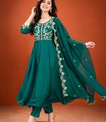 Teal-green silk blend embroidered kurta set