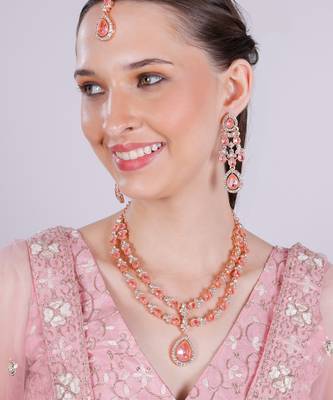 Pink rose gold premium designer american diamond and stone work necklace set 1