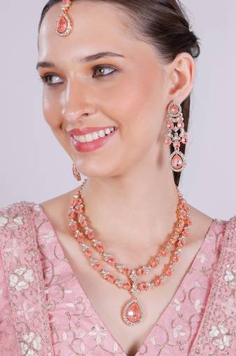 Pink rose gold premium designer american diamond and stone work necklace set