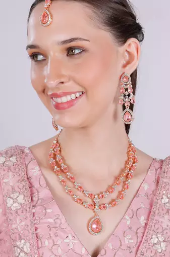Pink rose gold premium designer american diamond and stone work necklace set