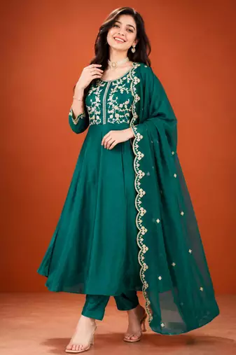 Teal-green silk blend embroidered kurta set