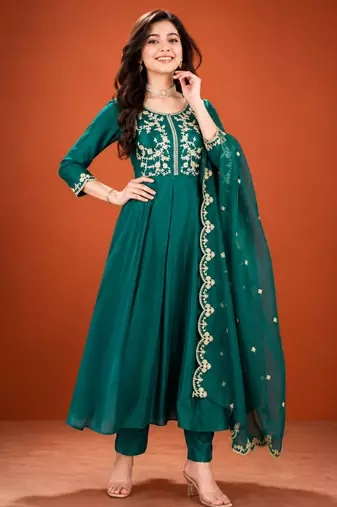 Teal-green silk blend embroidered kurta set