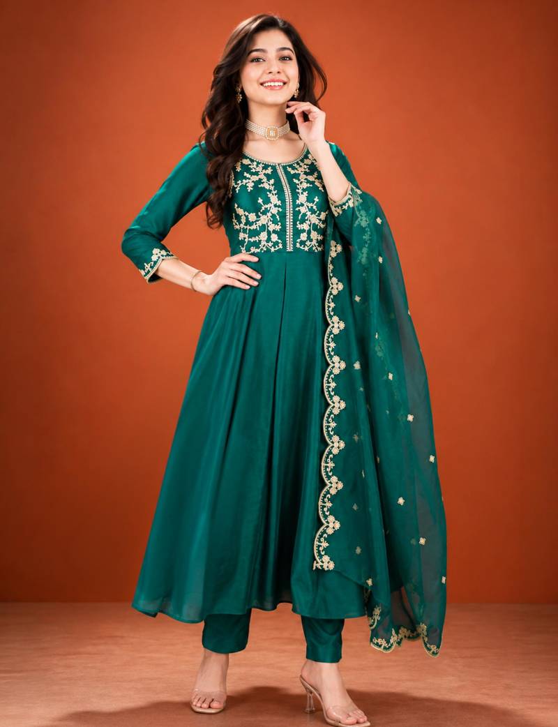 Teal-green silk blend embroidered kurta set