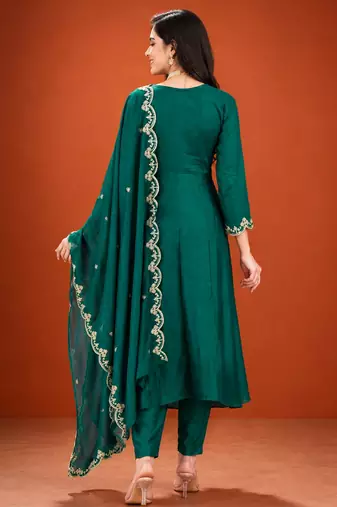 Teal-green silk blend embroidered kurta set