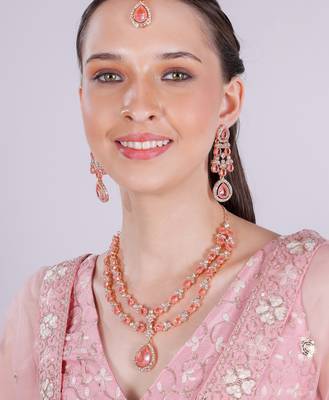 Pink rose gold premium designer american diamond and stone work necklace set 2