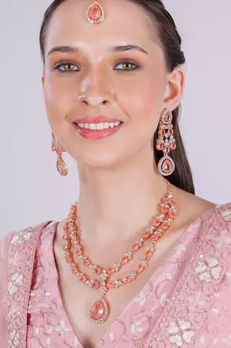 Pink rose gold premium designer american diamond and stone work necklace set