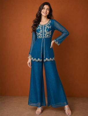 Teal-blue silk blend embroidered kurta set 1
