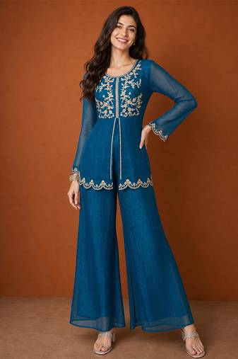 Teal-blue silk blend embroidered kurta set