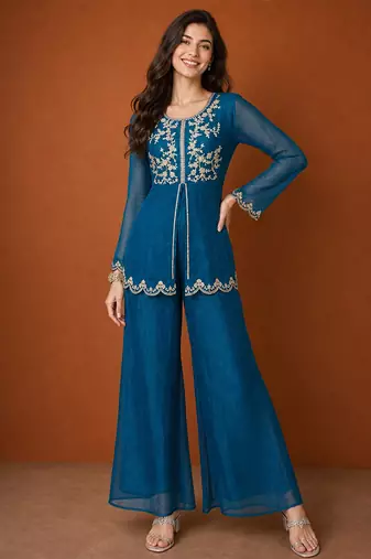 Teal-blue silk blend embroidered kurta set