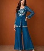 Teal-blue silk blend embroidered kurta set
