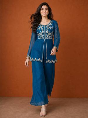 Teal-blue silk blend embroidered kurta set 2