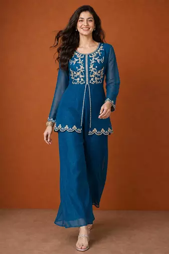 Teal-blue silk blend embroidered kurta set