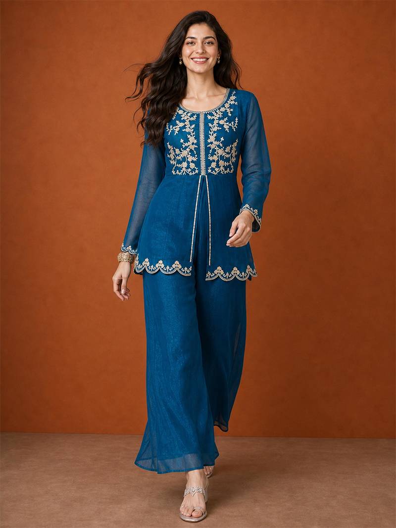 Teal-blue silk blend embroidered kurta set