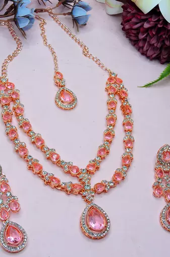 Pink rose gold premium designer american diamond and stone work necklace set