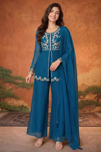 Teal-blue silk blend embroidered kurta set