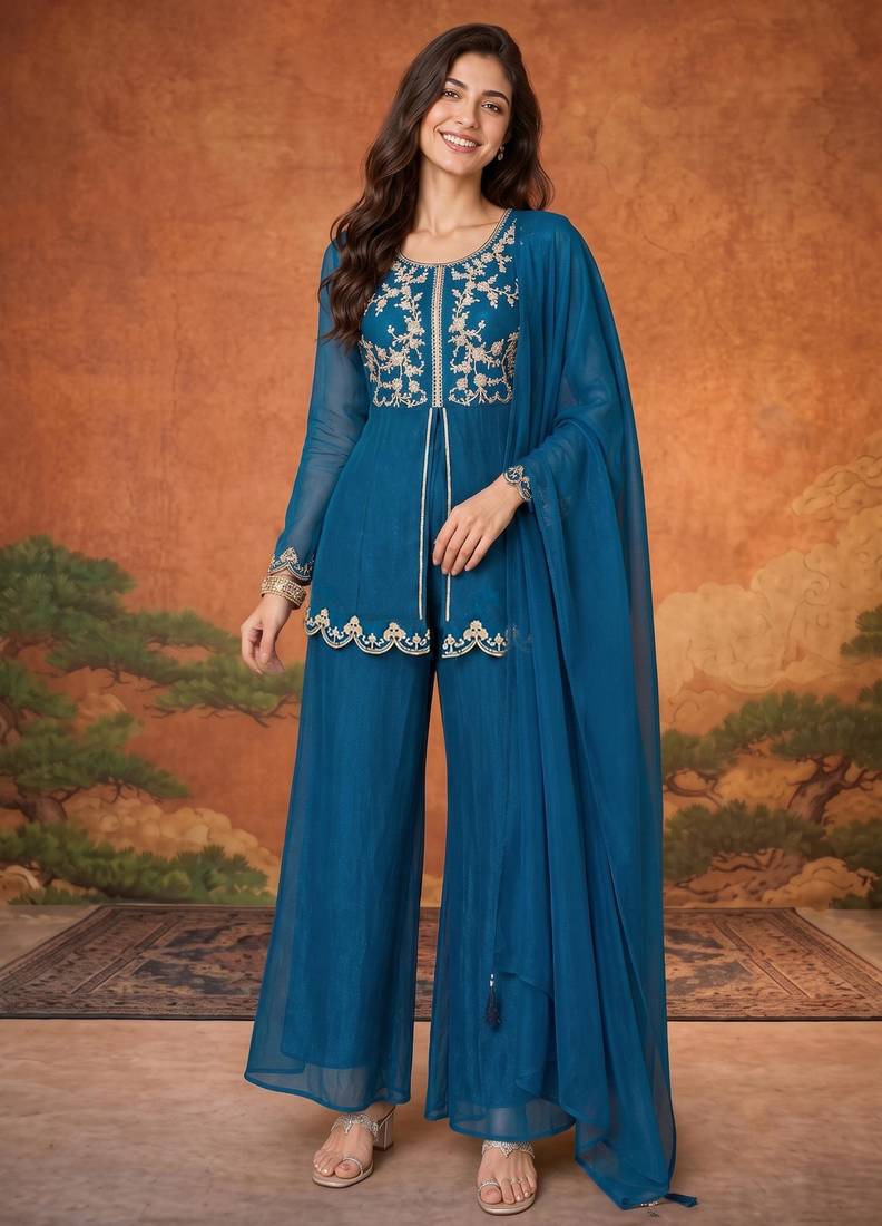 Teal-blue silk blend embroidered kurta set