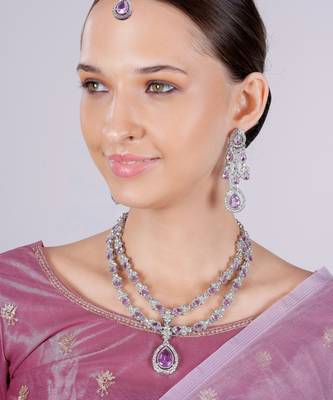 Purple rhodium premium designer american diamond and stone work necklace set 1