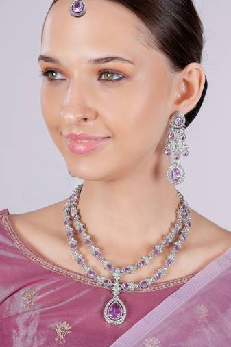 Purple rhodium premium designer american diamond and stone work necklace set