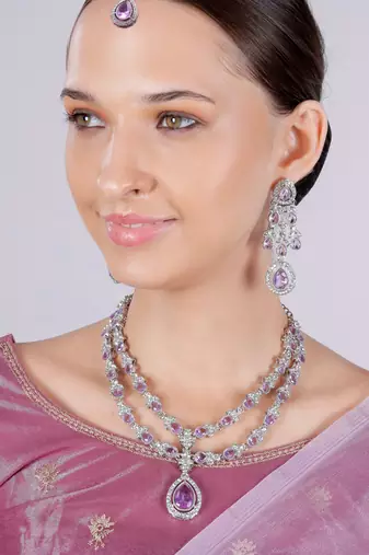 Purple rhodium premium designer american diamond and stone work necklace set