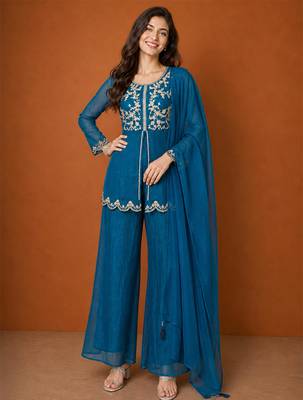 Teal-blue silk blend embroidered kurta set 4