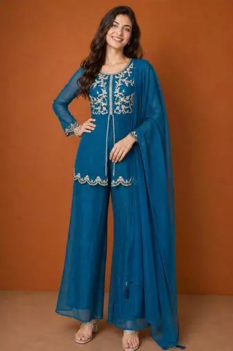Teal-blue silk blend embroidered kurta set