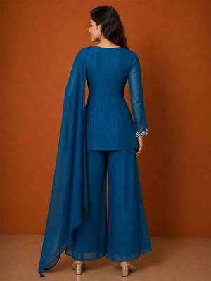 Teal-blue silk blend embroidered kurta set 5