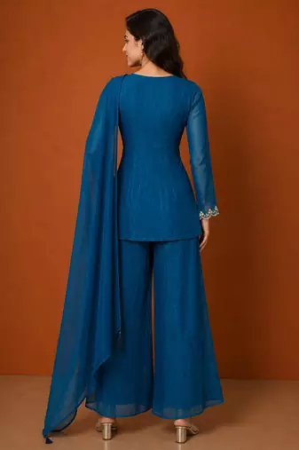 Teal-blue silk blend embroidered kurta set