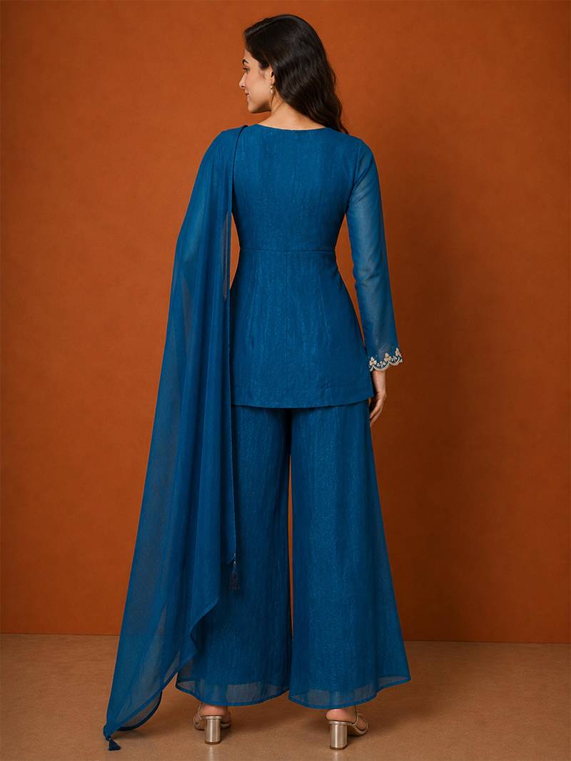 Teal-blue silk blend embroidered kurta set