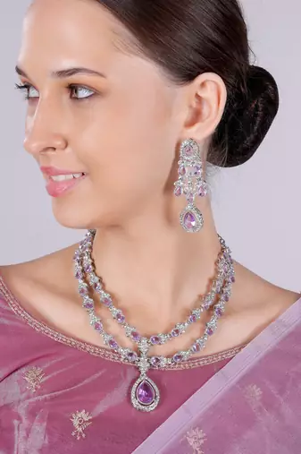 Purple rhodium premium designer american diamond and stone work necklace set