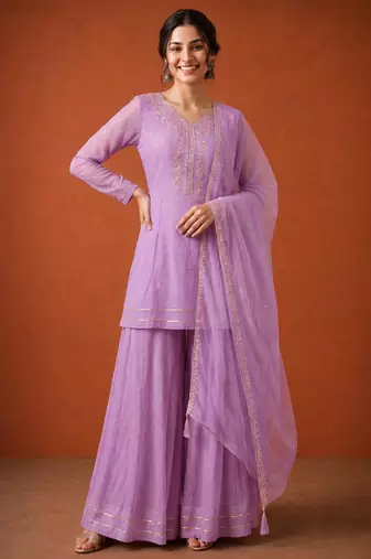 Lavender silk blend embroidered palazzo set