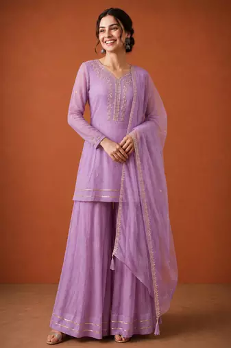 Lavender silk blend embroidered palazzo set
