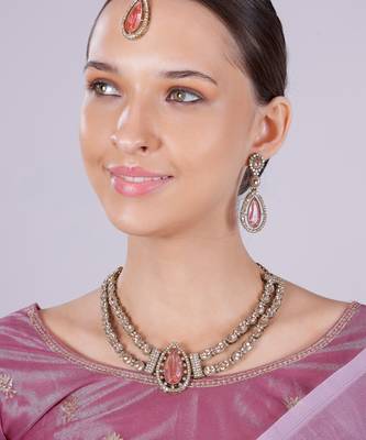 Pink yellow gold premium designer american diamond and stone work necklace set 1
