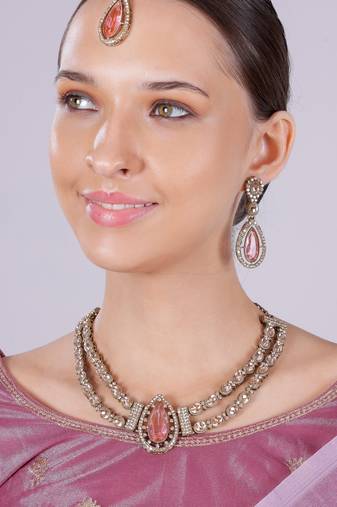 Pink yellow gold premium designer american diamond and stone work necklace set
