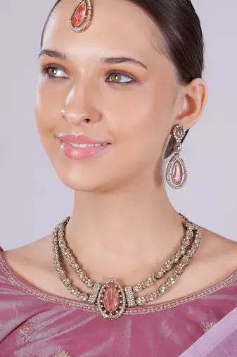 Pink yellow gold premium designer american diamond and stone work necklace set