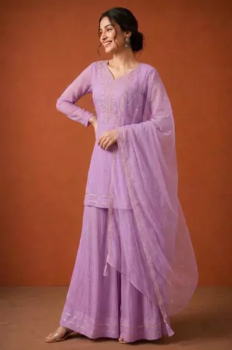 Lavender silk blend embroidered palazzo set