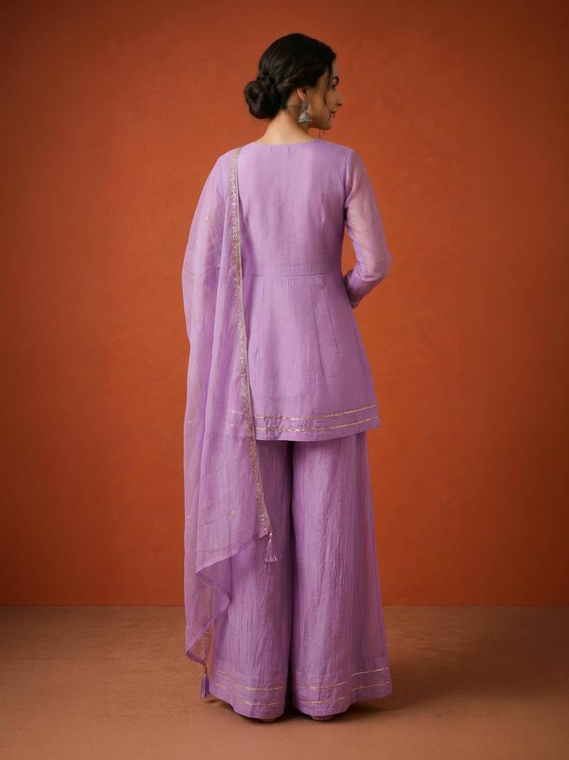 Lavender silk blend embroidered palazzo set