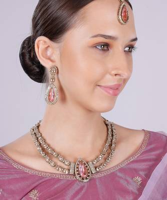 Pink yellow gold premium designer american diamond and stone work necklace set 2