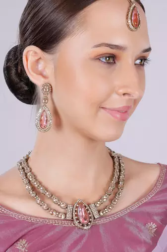 Pink yellow gold premium designer american diamond and stone work necklace set