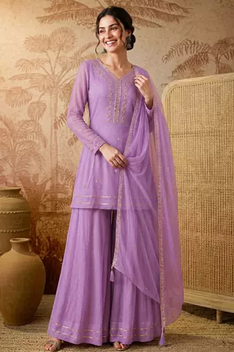 Lavender silk blend embroidered palazzo set