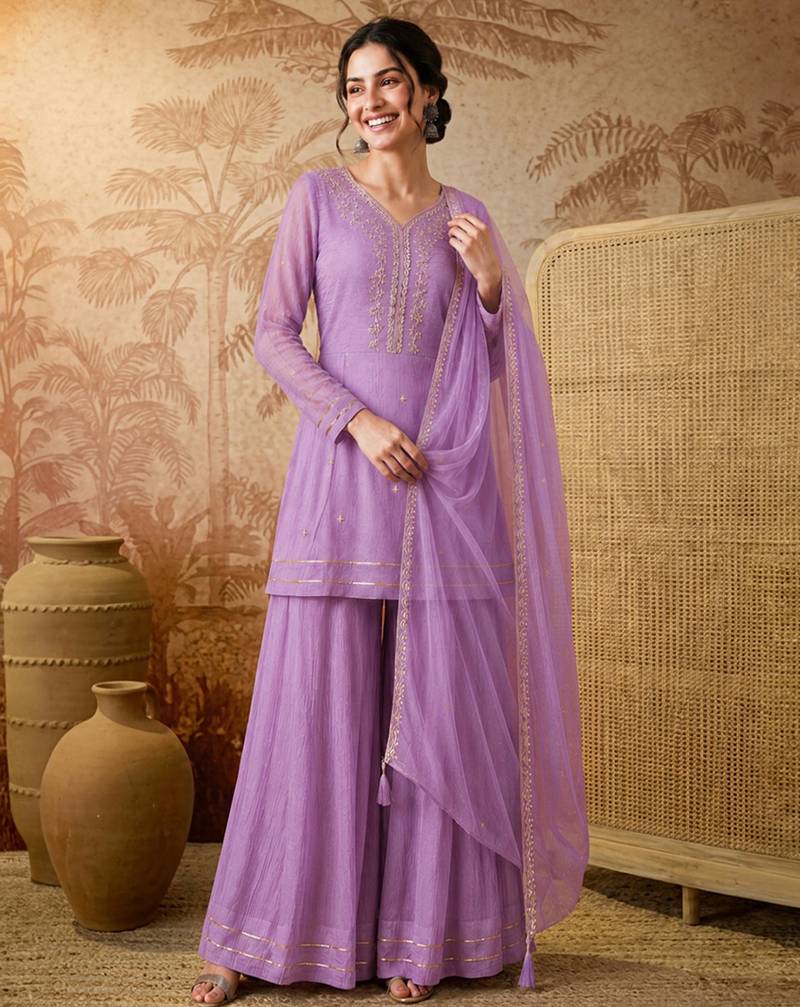 Lavender silk blend embroidered palazzo set