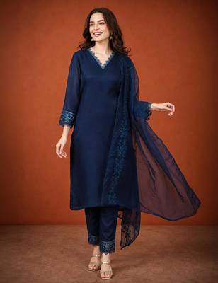 Navy-blue silk blend embroidered kurta set 1