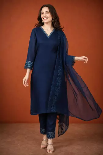 Navy-blue silk blend embroidered kurta set