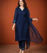 Navy-blue silk blend embroidered kurta set