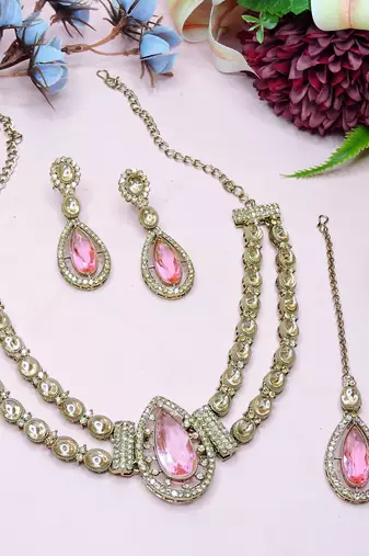 Pink yellow gold premium designer american diamond and stone work necklace set