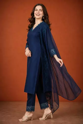 Navy-blue silk blend embroidered kurta set