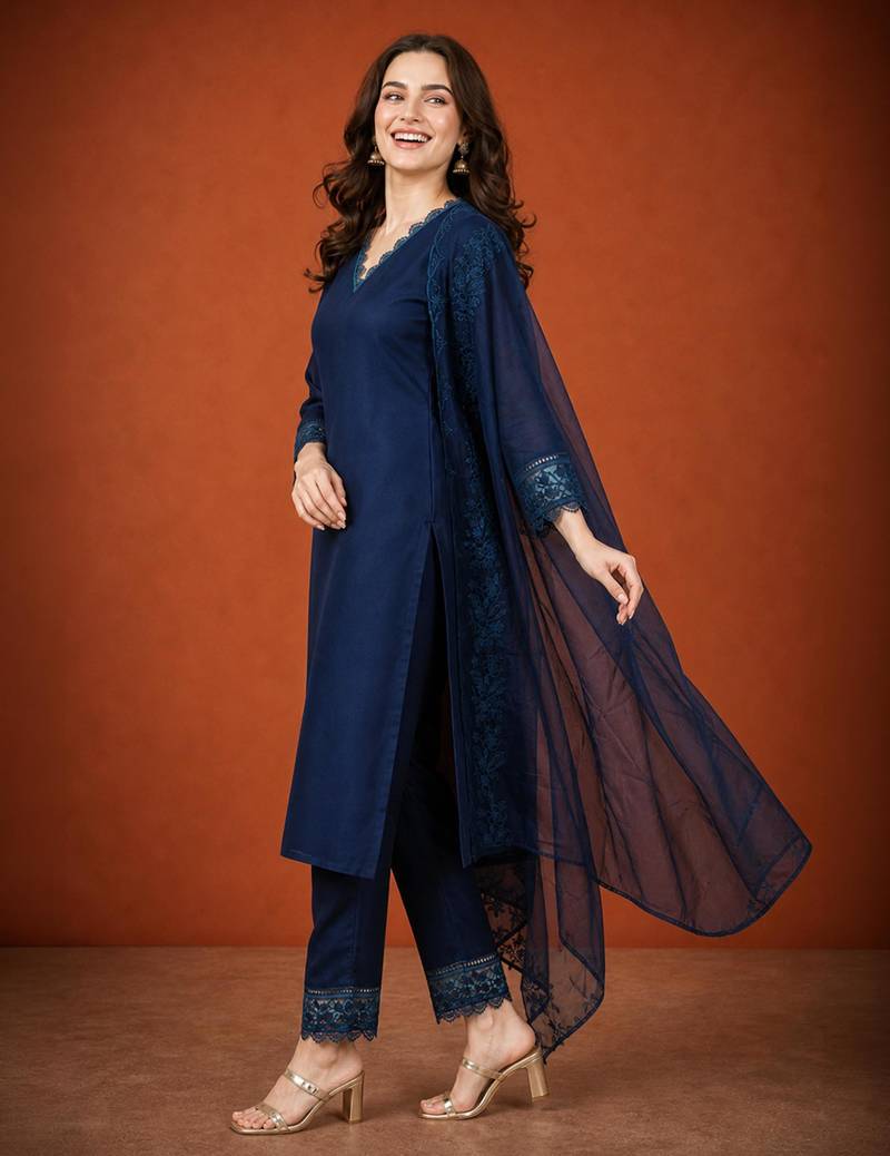Navy-blue silk blend embroidered kurta set