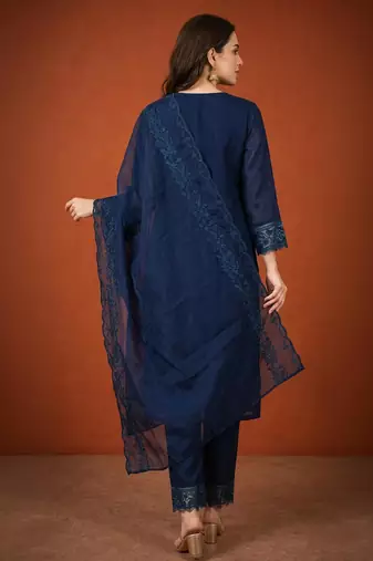 Navy-blue silk blend embroidered kurta set
