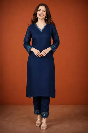 Navy-blue silk blend embroidered kurta set
