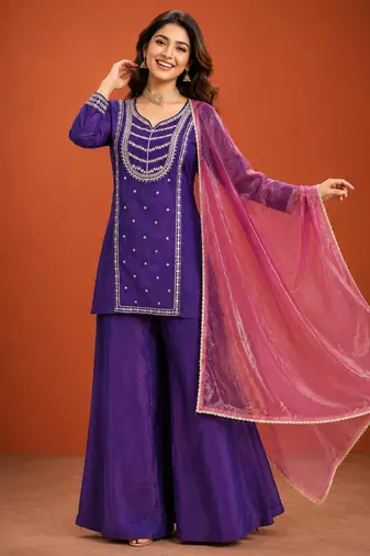 Purple silk blend embroidered palazzo set