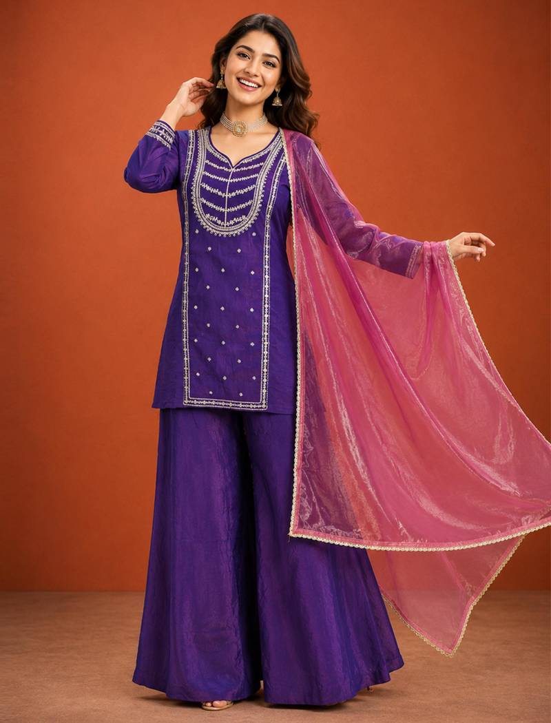 Purple silk blend embroidered palazzo set